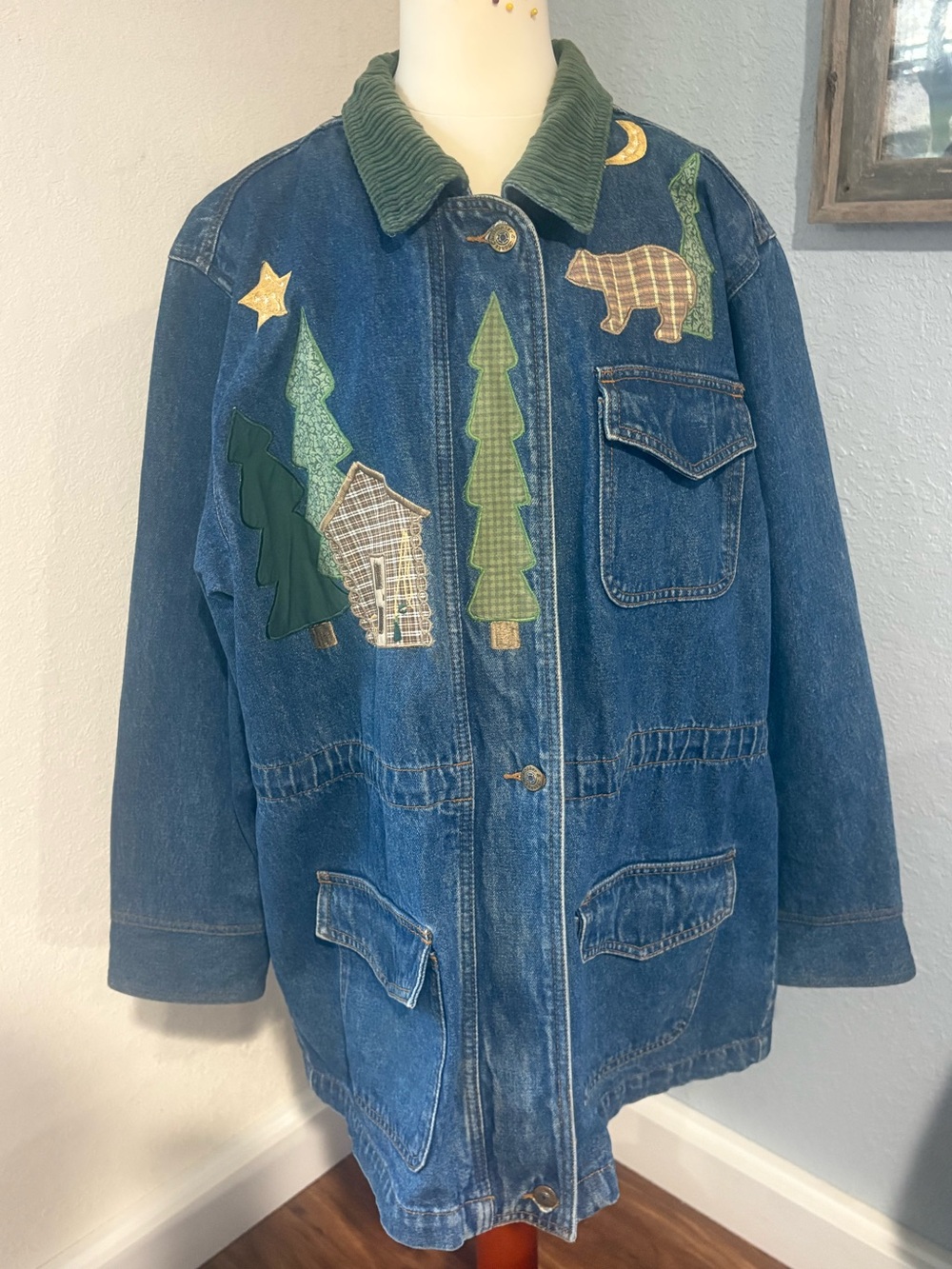 Vtg 90s Christopher & Banks Patchwork denim chore Jacket cabincore Bear Sz L